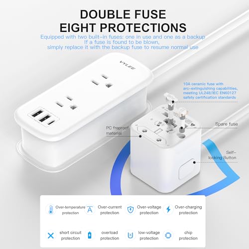 VYLEE Universal Travel Adapter with 6FT Extension Cord - color: White