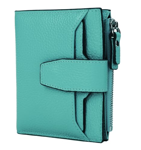 Women's RFID Blocking Leather Small Compact Bi-fold Zipper Pocket Wallet Card Case Purse with id Window - color: Lichee Sky Blue