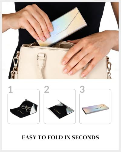 Payne Glasses Foldable Sunglasses Case, Holographic Glasses Case | Tri-Fold Eyeglasses Case Hard Shell, Portable Magnetic Glasses Holder for Women Men - color: Silver - 2 Pack