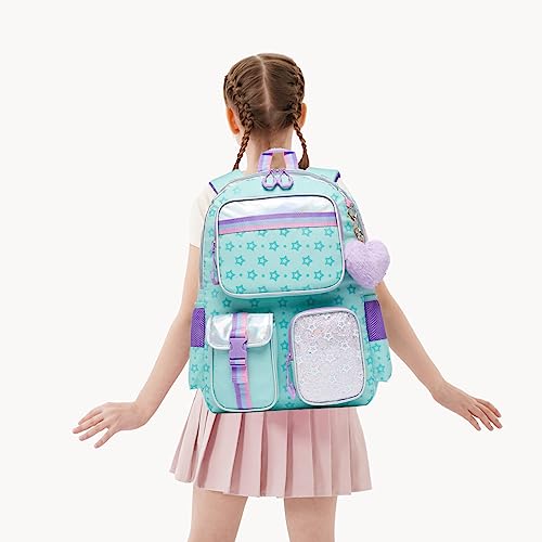 Meetbelify Rolling Backpack with Wheels - Cute Carry On Backpack with Lunch Box Pencil Case for Elementary Student to Teen Girls - 8-10 Years - color: Star Green