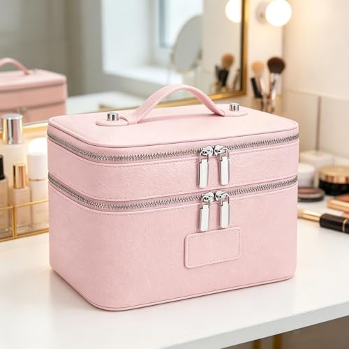 Makeup Case,Leather Double Layer Makeup Bag Duo,Large Portable Travel Toiletry Case Cosmetic Organizer for Women - color: Pink(9.8*7*7.3in)