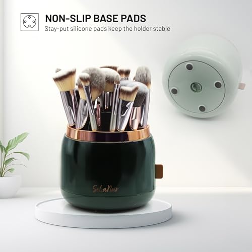 Rotating Makeup Brush Holder with Lid Dustproof Vanity Organizer for Makeup Brushes, Bonus Foldable Makeup Brush Cleaner Bowl Included (Seafoam Green) - color: Seafoam Green