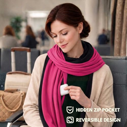 16-in-1 Compact Travel Blanket with Bag – Reversible, Ultra Soft Bamboo Airplane Blanket with Hidden Pocket – Packable for Flights & Travel Essentials (Semi-Weighted, Double Layer) - color: Pink/Black