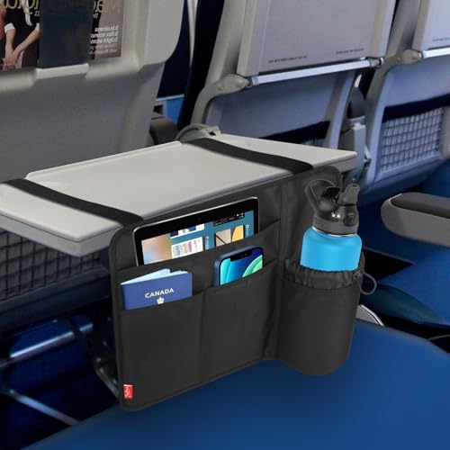 Airplane Seat Back Organizer & Storage, Airplane Tray Table Cover for Personal Items, Airline Seat Hanging Pockets Media Pouch,Reusable Travel Essentials, Fits Tablets, Cell Phone,Water Bottle (Black) - color: Black