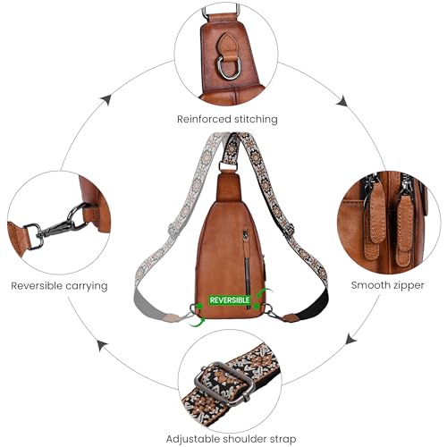 HESHE Leather Sling Bag for Women RFID Crossbody Purse Fanny Pack Chest Bag - color: Light Brown