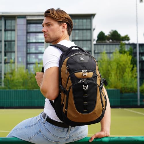 Swissdigital Design Laptop Backpack with USB Charging Port, Travel Backpack Fits 15.6-Inch Computer, 31L College School Backpack for Men, Tan/Black | SD803-34 - color: Tan/Black