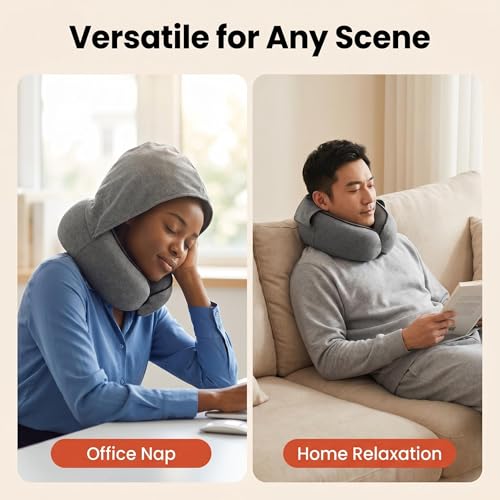 Travel Neck Pillow with Hood, Memory Foam, 360° Ergonomic Support, Cooling Ice Silk, Hooded Design, with Eye Mask, Earplugs, and Storage Pouch Airplane Travel Essentials, Dark Gray