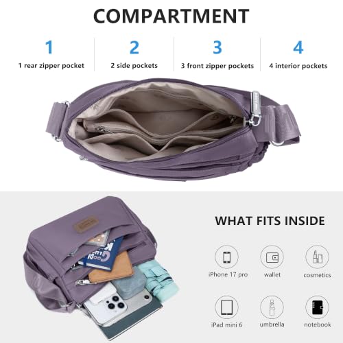 Purses For Women Nylon Crossbody Bags Waterproof Handbags Multiple Pockets - color: Purple
