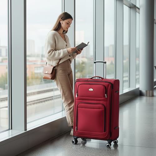 30'' Large Softside Suitcase,Expandable,waterproof Fabric - color: Red, size: Checked-Large 30-Inch
