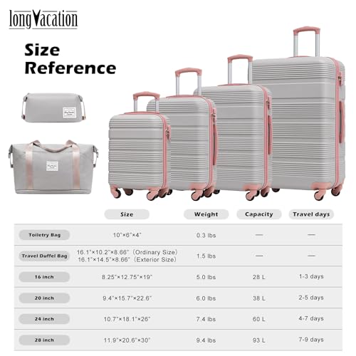 LONG VACATION Luggage Sets with Spinner Wheels, Suitcase Set 6 Piece - color: GREY-PINK, size: 6 piece set