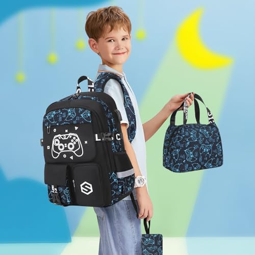Scothen Boys Backpack, Cool Luminous Kids School Backpacks with Lunch Bag - color: Blue Pattern