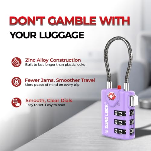 SURE LOCK TSA Approved Luggage Locks with Open Alert Indicator, 3 Digit Combination Cable Travel Lock for Suitcase, Backpack, Gym Locker, Toolbox & Travel Bag(2, Purple 2 Pack) - color: Purple