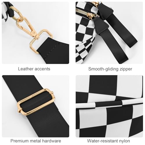 Checkered Crossbody Bags for Women, Large Nylon Bum Bags - color: Black and White Checkered