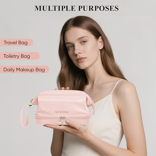 Travel Makeup Bag, Double Layer Cosmetic Bags for Women,Pink - color: Pink, size: Large