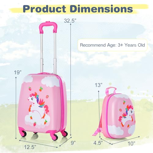 GYMAX 아동용 휴대용 수하물 세트, 30.5cm(12인치) 및 40.6cm(16인치) 롤링 슈트케이스 2개 - color: 스트로베리 포니