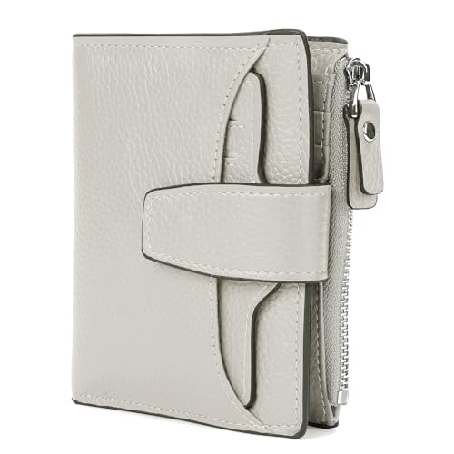 Women's RFID Blocking Leather Small Compact Bi-fold Zipper Pocket Wallet Card Case Purse with id Window - color: Lichee Grayish White