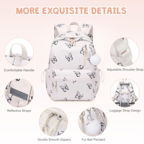 3PCS Corduroy Girls Backpack w/ Lunch Box & Pencil Bag (Beige Butterfly) - color: Beige Butterfly