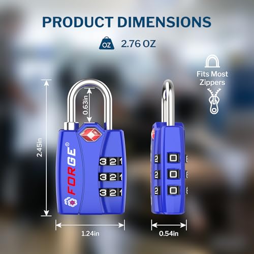 Forge TSA Locks 2 Pack - Open Alert Indicator, Alloy Body and Hardened Steel Shackle with Re-settable 3-Digit Combination - color: Blue 2Pk