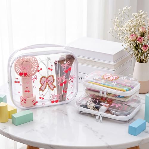 3 Pcs Clear Hard Shell Zipper Case Cute DIY Makeup Bag for Girls with Pink Bow Stickers Clear Zipper Pouches for Cosmetic Toiletry Travel Organizer Craft Decorations