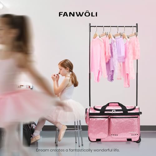 Fanwoli 23" Foldable Dance Bag with Rack, Rolling Competition Duffel - color: Sparkling Rose