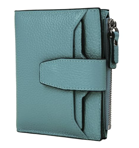 Women's RFID Blocking Leather Small Compact Bi-fold Zipper Pocket Wallet Card Case Purse with id Window - color: Lichee Gray Blue