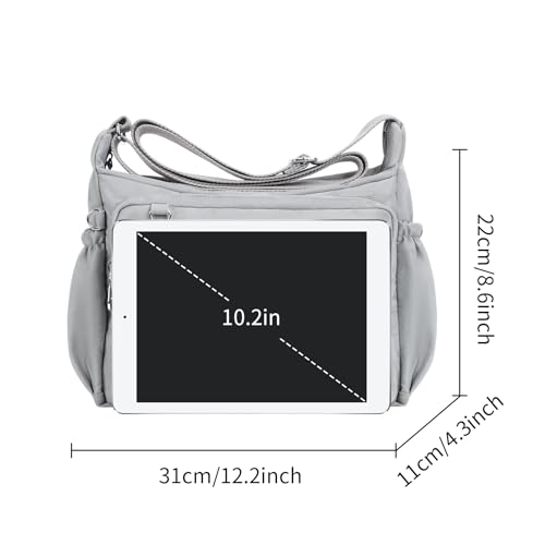Crossbody Bag for Women Waterproof Shoulder Bag Multi Pockets Nylon Purse - color: Lightgray-l