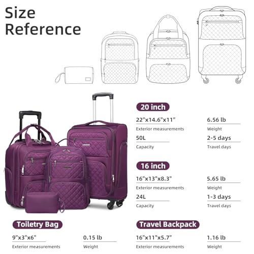 LARVENDER Softside Carry On Luggage 4 Piece, Expandable Carry On Luggage 22x14x9 Airline Approved Underseat Suitcase with Spinner Wheels TSA Lock, Purple (16/20/BP/TB) - color: Purple