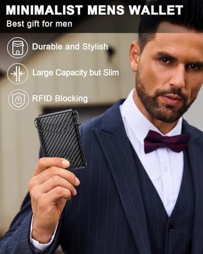 Wallet for Men, Mens Minimalist Wallet 9-13 Cards, Slim Compact RFID Wallet - color: Carbon Fiber & Blue