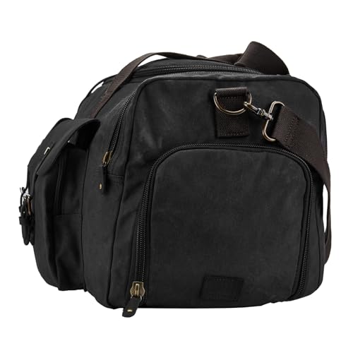 Waxed Canvas Duffel Bag with Shoe Compartment | Waxed Canvas Travel Bag for Men, Genuine Leather Trim, Shoe Compartment, Front Pockets, Weekend, Overnight and Carry-On Use - color: Black