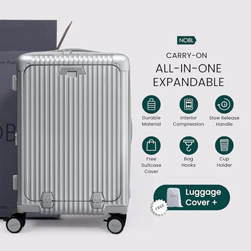 Nobl Travel Carry on Expandable Luggage, Aluminum Frame Hard Shell Suitcase | Airline Approved 22.5"x14.2"x9.8", 360° Spinner Wheels, TSA Locks, USB Charging, Cup & Phone Holder, PC Shell, Silver - color: Silver