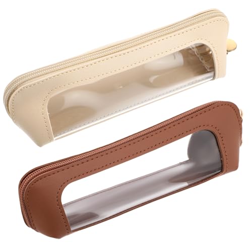 Kifmurase 2Pcs Clear Makeup Brush Bag,Leather Slim Makeup Case,White,Brown - color: Brown, White