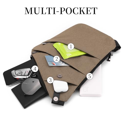 Anti Theft Crossbody Travel Bag - Multi-pocket Shoulder Bag with Adjustable Strap,Slim Sling Bag for Women Men - color: Khaki-left Shoulder