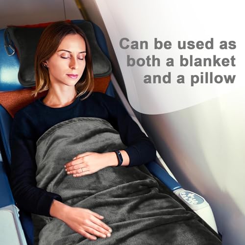 Travel Blanket and Pillow Compact, Premium Soft 2 in 1 Airplane Blanket with Soft Bag Pillowcase,Hand Luggage Sleeve and Backpack Clip (Solid Grey) - color: Solid Grey