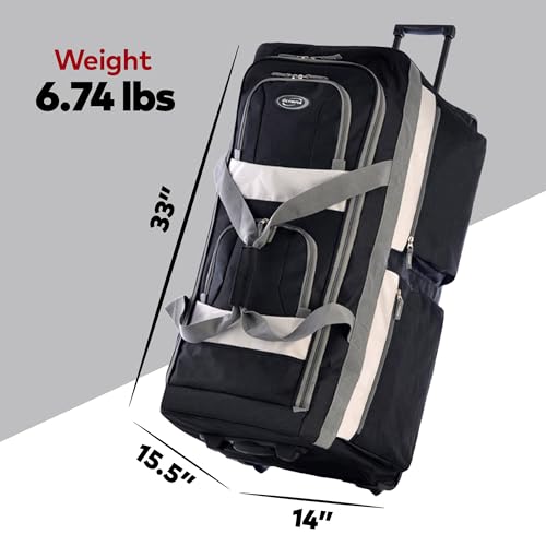 Olympia U.S.A. 33 inch Jumbo Size 8 Pockets Wheeled Rolling Duffel Bag Water Resistant Luggage Lightweight Travel Suitcase with Retractable Handle - color: Black, size: 33 inch