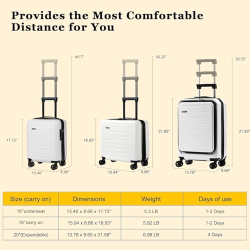 CENSIEN Expandable 16 Inch Underseat Carry On Luggage Airline Approved - color: White, size: 16 Inch Underseat EXT
