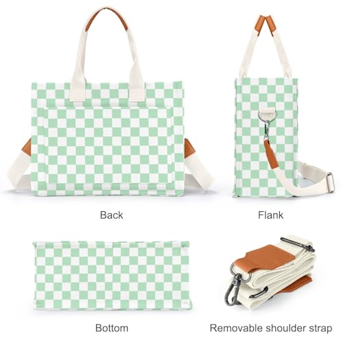 Canvas Tote Bag for Women with Pockets Crossbody Bag Tote Shoulder Handbags Casual Work Bags Everything Tote Bag - color: Grid/Mint Green