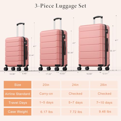 Sweetcrispy Expandable Luggage Set, Hard Shell Suitcase, 3 Piece Pink - color: Pink, size: 3-PCS Set (20/24/28 Inch)