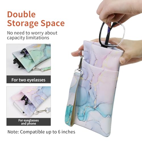 Double Eyeglass Case Soft Dual Glasses Case for Women Men Travel Squeeze Top Sunglasses Cases Eyeglasses Pouch - color: Blue+green Marble