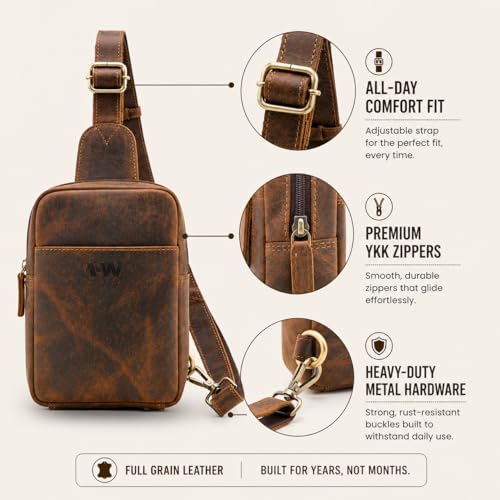 Handmade World Leather Sling Bag for Men – Anti-Theft Travel Crossbody, Compact EDC Chest Bag, Fits Passport & Phone, Full Grain Leather