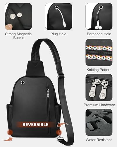 FADEON Large Sling Bag for Women, Designer 10L Leather Crossbody Purse - color: Pure Black