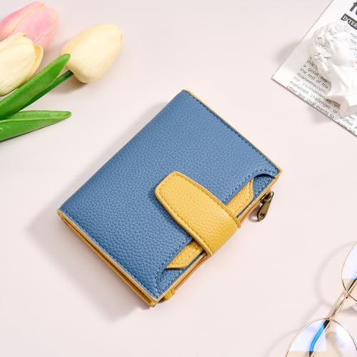 Airkit Small Wallet Women RFID Blocking Soft Leather Bifold Compact Card Holder Wallet for Women with Zipper Coin Pocket 4 ID Window - color: Colorblock - Blue/Yellow