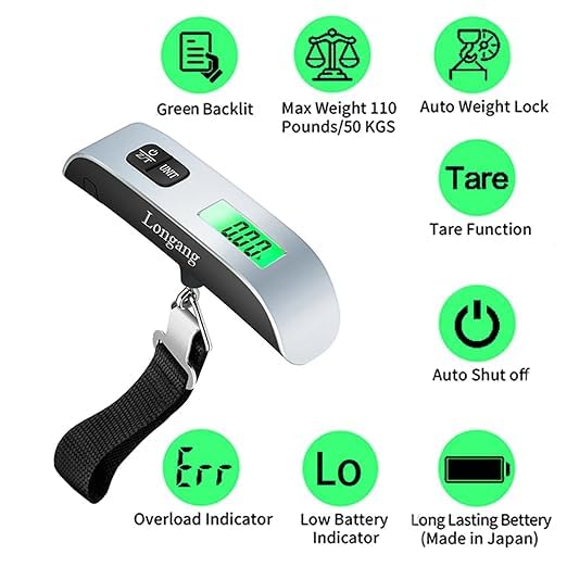 Digital Luggage Scale, Portable Hanging Baggage Scale with LCD Display, 110 lb Capacity, Travel Suitcase Weight Scale with Strap, Accurate & Lightweight for Travel