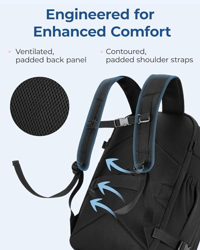 BAGSMART 30L Unisex Black Travel Backpack, 17 Inch Laptop Compartment, Water Resistant, Large Capacity, Padded Strap, Zipper Closure