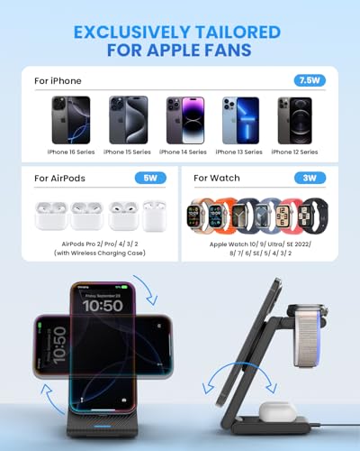 Wireless Charger Magnetic for Apple Devices - JoyGeek 3 in 1 Foldable Charging Station for Magsafe Compatible with iPhone 16 15 14 13 12 Pro Max Plus, Apple Watch 10 9 8 7 6 5 4 SE, AirPods 4/3/2/Pro - color: Dull Black