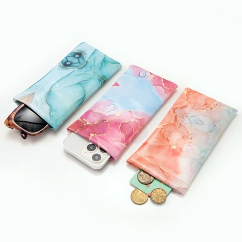 TRIUMPH VISION Eyeglass Case Glasses Case Soft Sunglass Pouch Sleeve 3 Pack - color: Pu Leather Marble White Green Blue Pink Gold