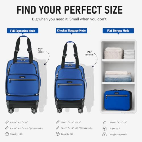 Verage Foldable Rolling Duffel Bag with Wheels, Expandable Travel Luggage | Collapsible Luggage Bag,Expandable,Detachable Spinner Wheels - color: blue, size: Checked-In Pro (24-Inch Expands into 28-Inch)