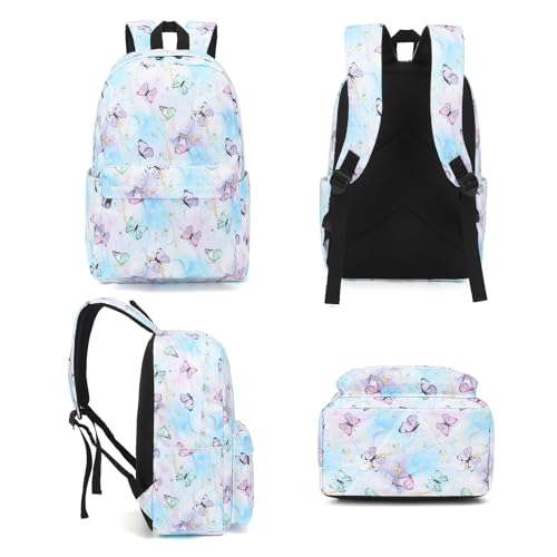 Fuyicat School Backpack Set for Girls, 3-in-1 Kids Teens Elementary Middle School Bags Bookbag with Lunch Bag Pencil Case - color: Marble Butterfly Blue