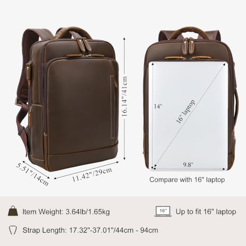 TIDING Full Grain Leather Expandable 15.6" Laptop Backpack for Men - color: Dark Brown