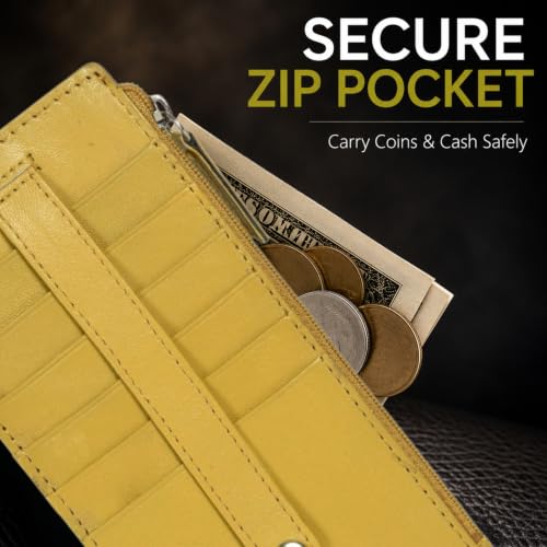 Leatherboss Genuine Leather Women's All in One Credit Business Card Case Holder Slim Zipper Wallet With a Card Protection Strap, Mustard - color: Mustard