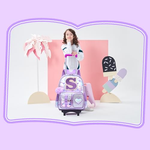 HTgroce Cute Rolling Backpack with Wheel,School Backpack for Kids Girl Roller Schoolbag Wheeled Backpacks Set Carry-on Luggage,Purple S - color: Purple, style: S